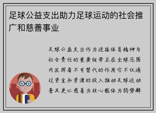 足球公益支出助力足球运动的社会推广和慈善事业